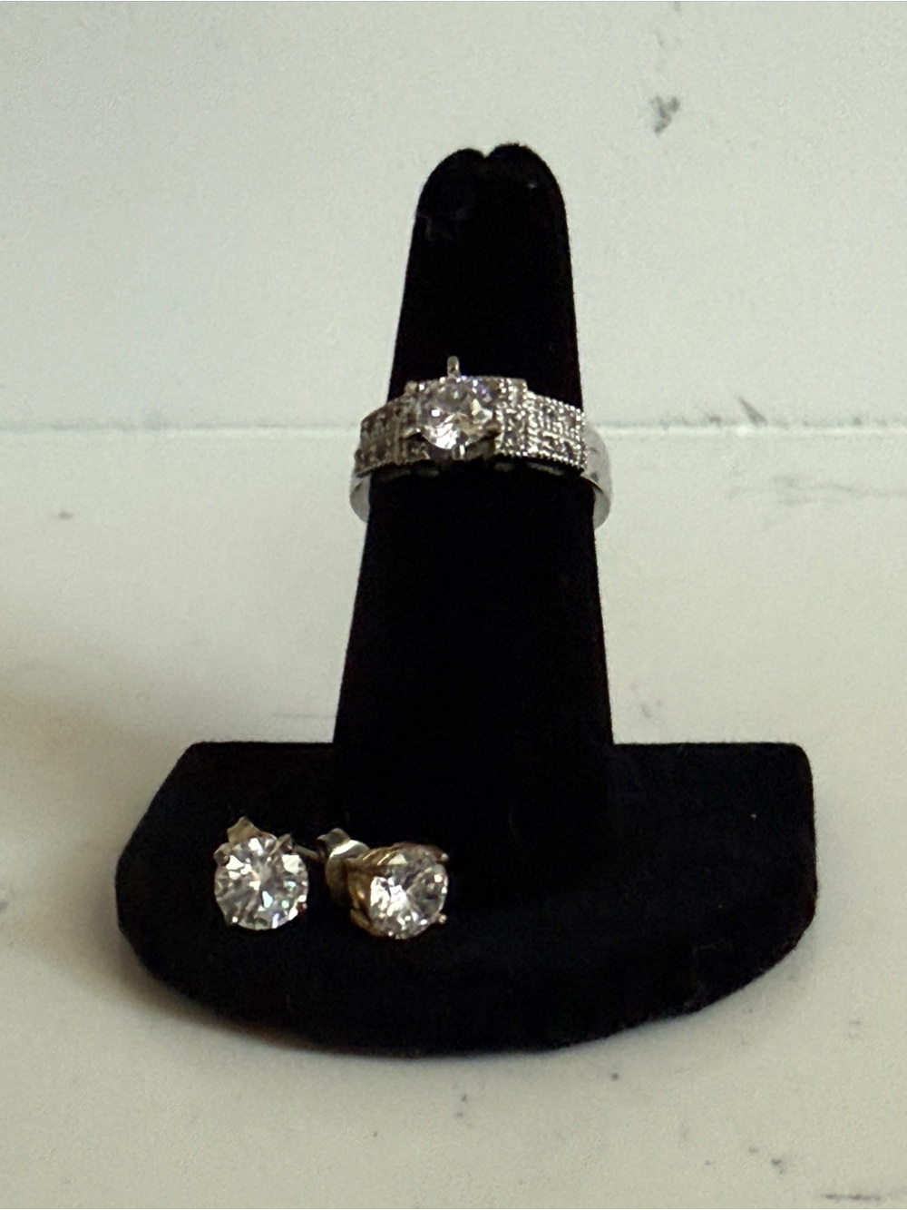 Sterling Silver Cubic Zirconia Engagement and Wedding Ring and Earrings Set - Picture 5 of 6